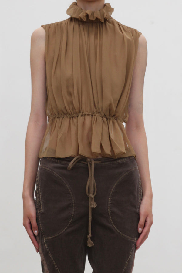 OUDE WAAG High-Neck Shirred Halter Vest OW-OW-25PF-TP03-KQ (YE420 Khaki) (OW-25SS-TP02 OW-25PF-TP03)